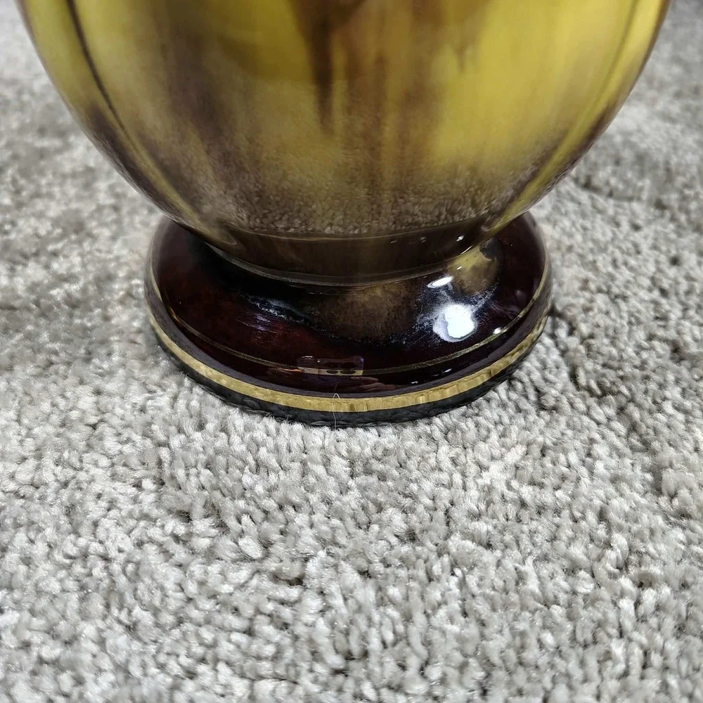 West Germany Vase Yellow Brown Drip Glaze Scalloped Gold Trim 556/21 8.25in